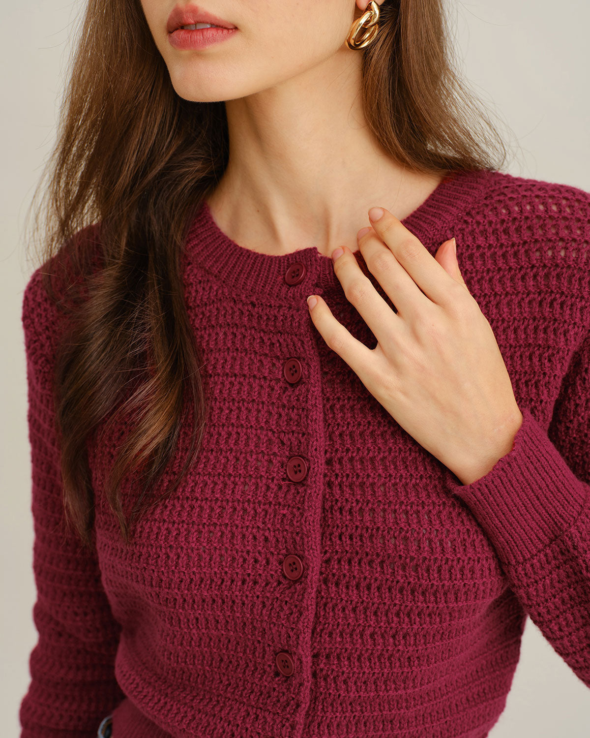 Textured Knit Cardigan with Round Neck and Button Front - Wine Red