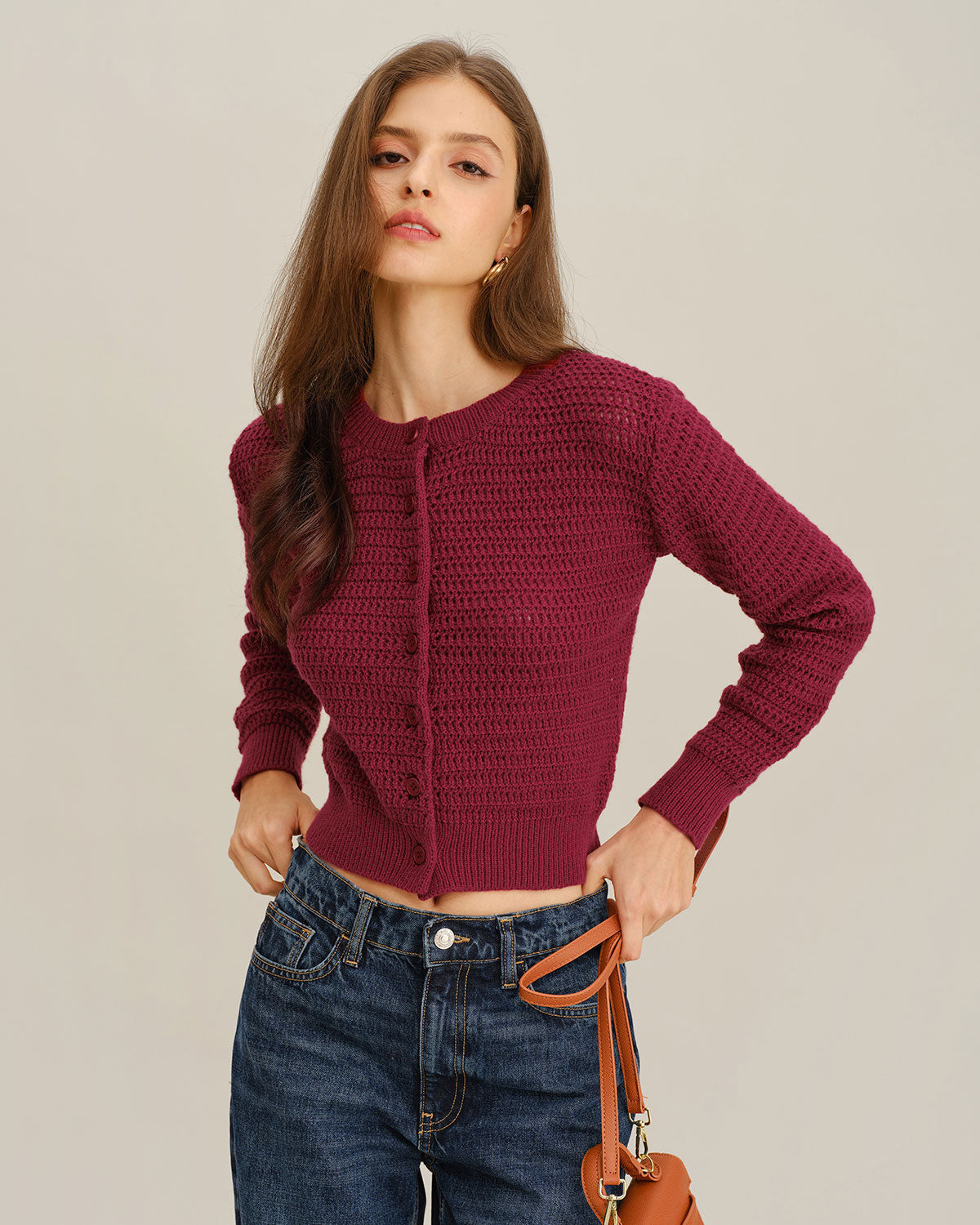 Textured Knit Cardigan with Round Neck and Button Front - Wine Red