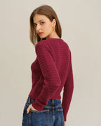 Textured Knit Cardigan with Round Neck and Button Front - Wine Red