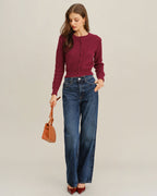 Textured Knit Cardigan with Round Neck and Button Front - Wine Red