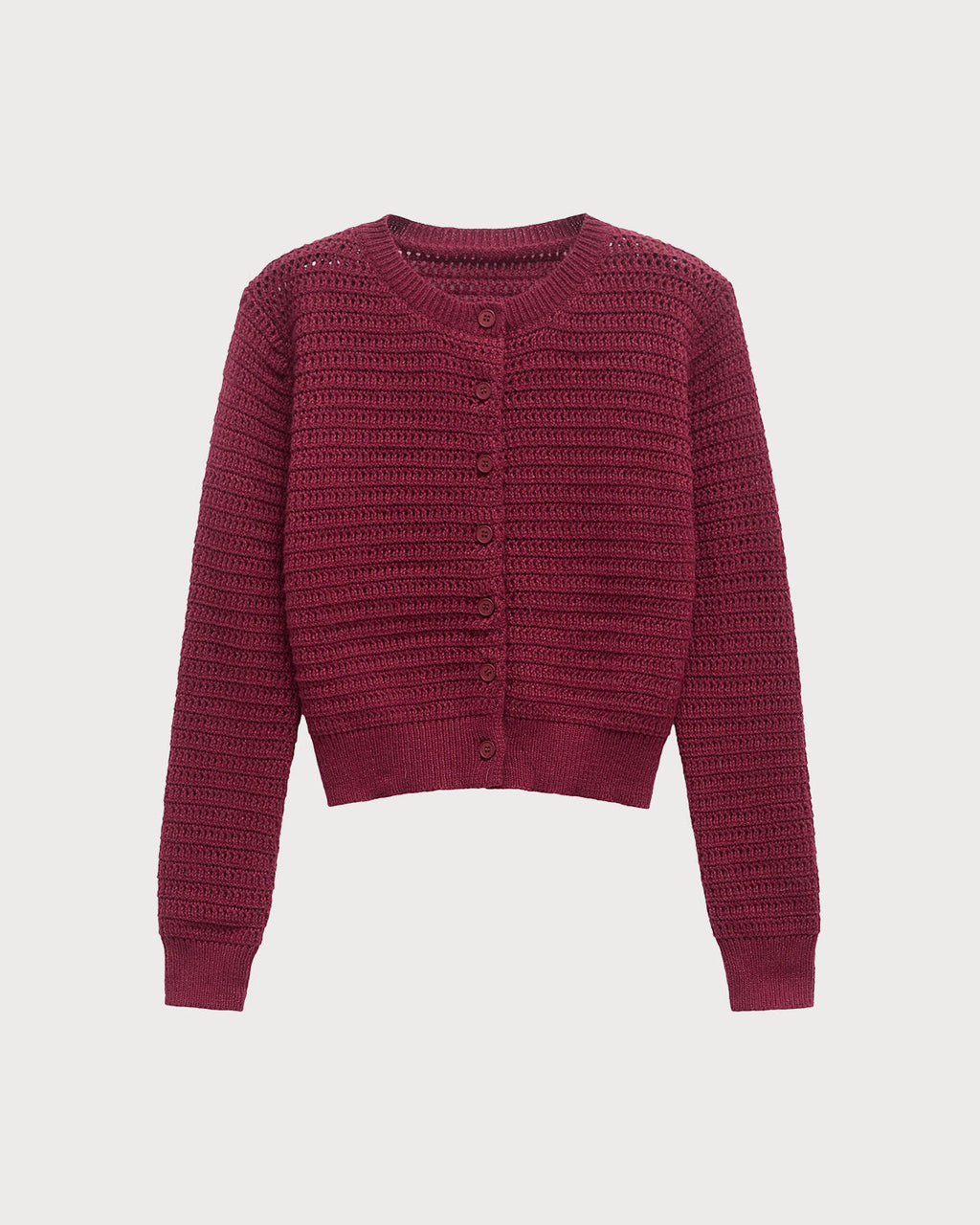 Textured Knit Cardigan with Round Neck and Button Front - Wine Red