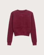 Textured Knit Cardigan with Round Neck and Button Front - Wine Red