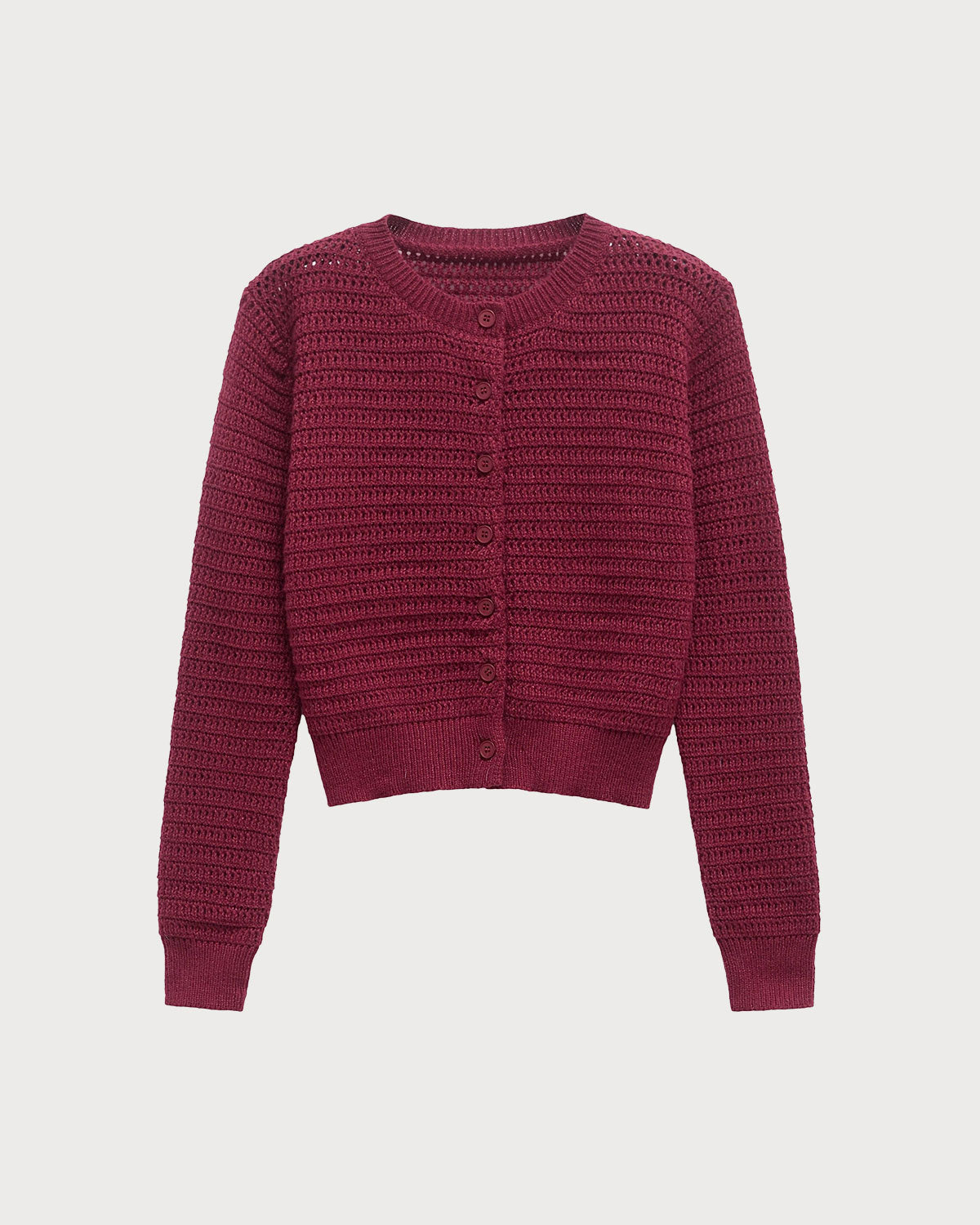 Textured Knit Cardigan with Round Neck and Button Front - Wine Red