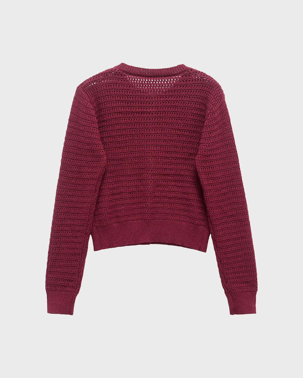 Textured Knit Cardigan with Round Neck and Button Front - Wine Red