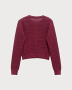 Textured Knit Cardigan with Round Neck and Button Front - Wine Red