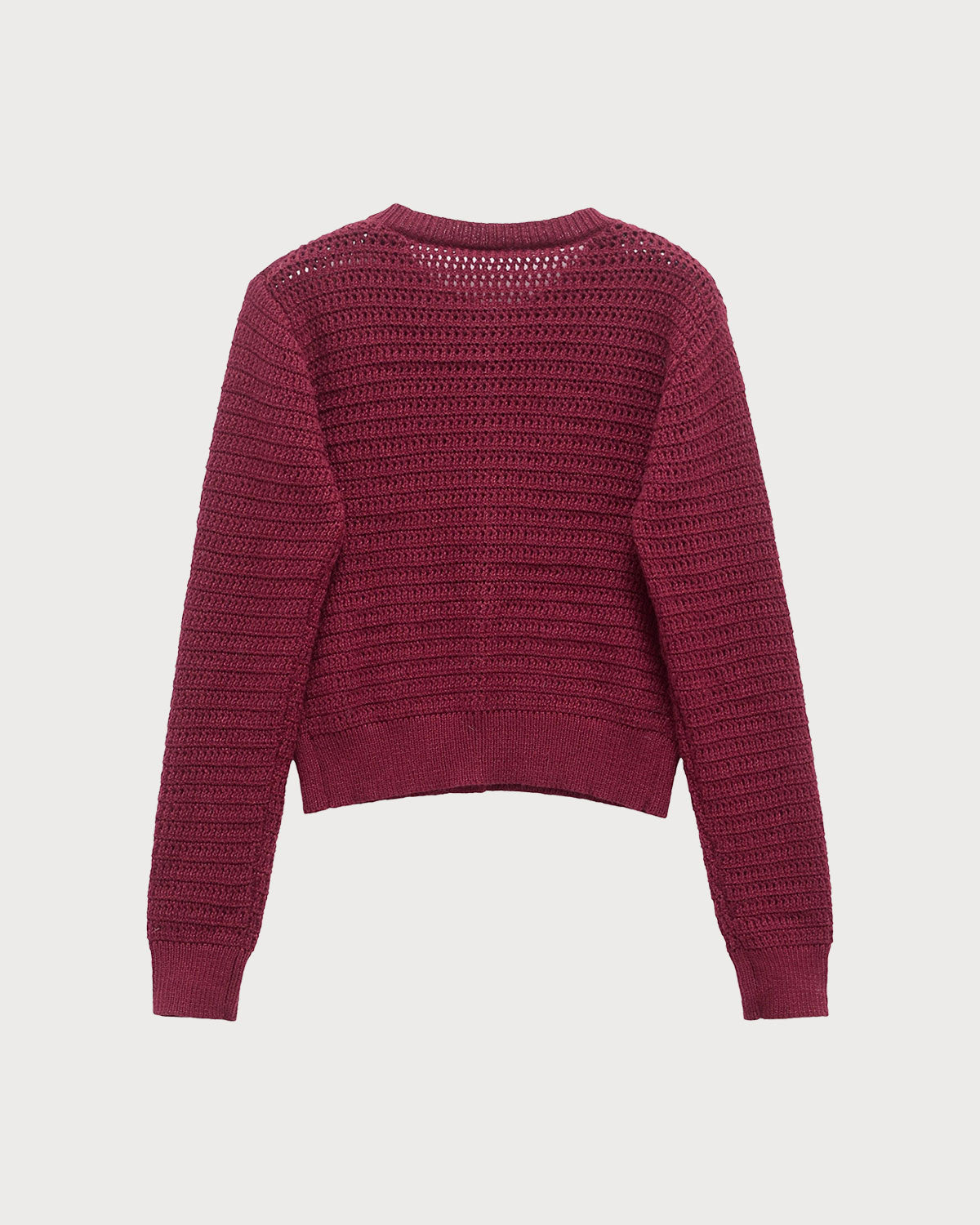 Textured Knit Cardigan with Round Neck and Button Front - Wine Red