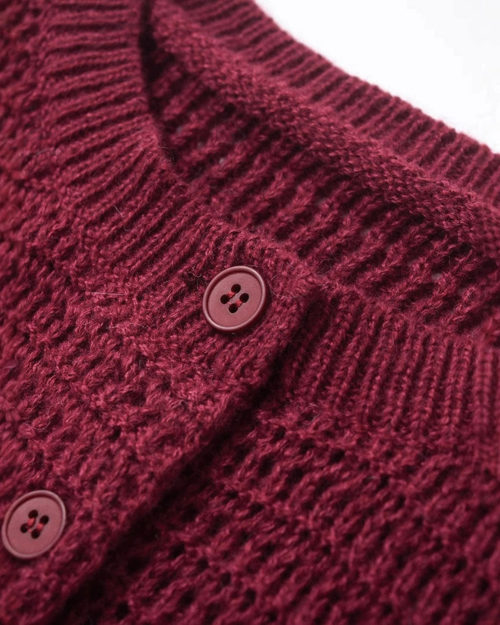 Textured Knit Cardigan with Round Neck and Button Front - Wine Red