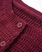 Textured Knit Cardigan with Round Neck and Button Front - Wine Red