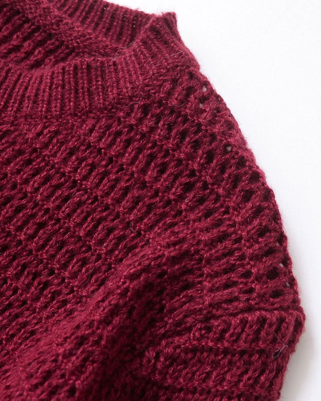 Textured Knit Cardigan with Round Neck and Button Front - Wine Red