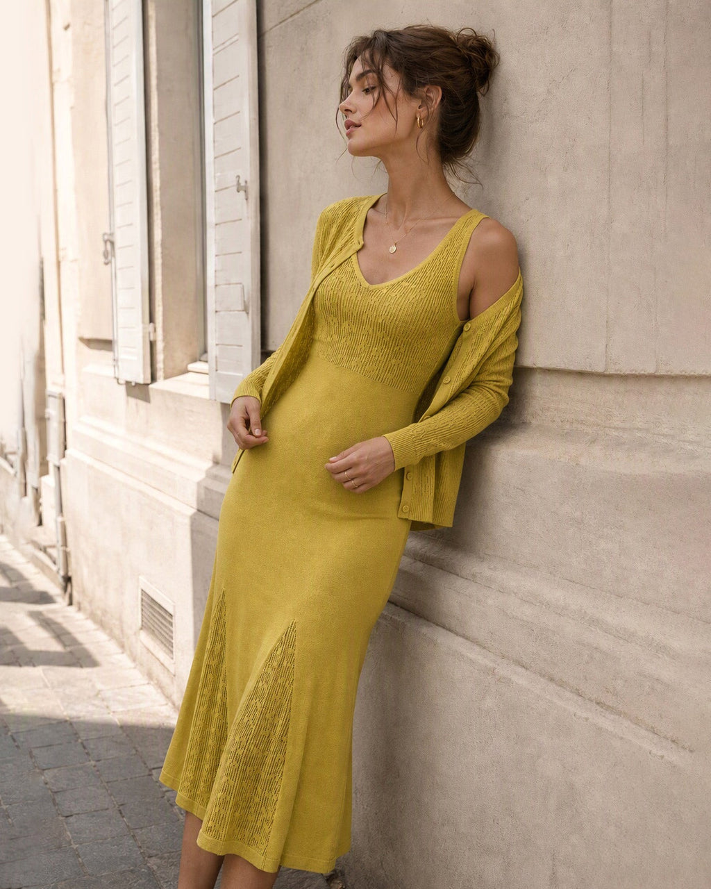 Textured Knit Dress with V Neck and Fluted Midi Hem - Yellow