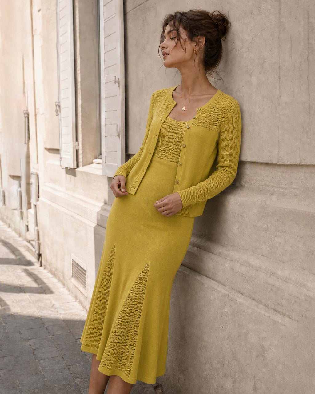 Textured Knit Dress with V Neck and Fluted Midi Hem - Yellow