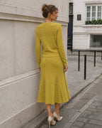 Textured Knit Dress with V Neck and Fluted Midi Hem - Yellow