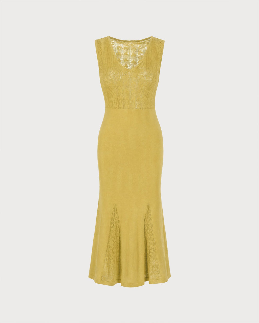 Textured Knit Dress with V Neck and Fluted Midi Hem - Yellow