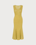 Textured Knit Dress with V Neck and Fluted Midi Hem - Yellow