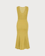 Textured Knit Dress with V Neck and Fluted Midi Hem - Yellow