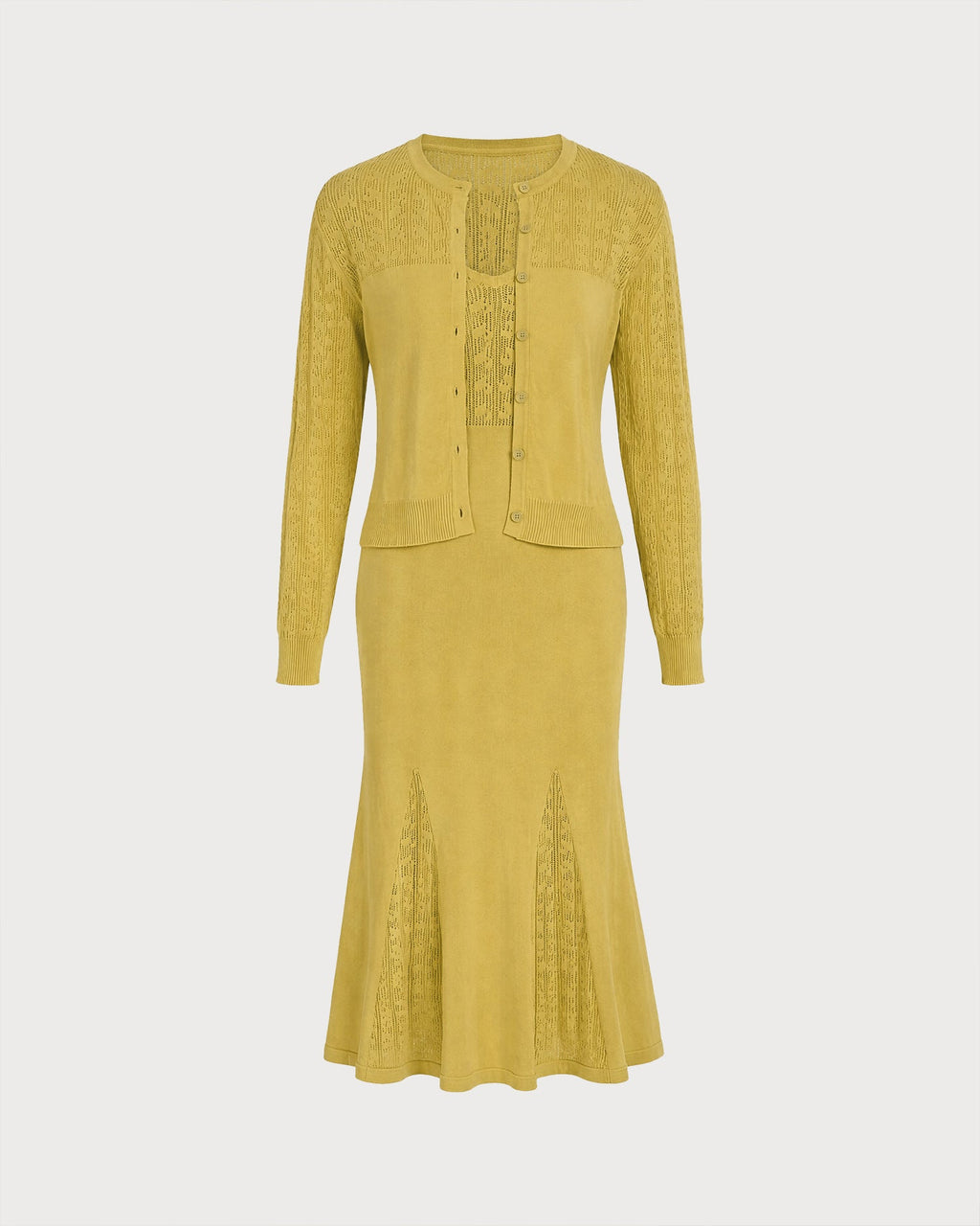 Textured Knit Dress with V Neck and Fluted Midi Hem - Yellow