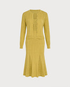 Textured Knit Dress with V Neck and Fluted Midi Hem - Yellow