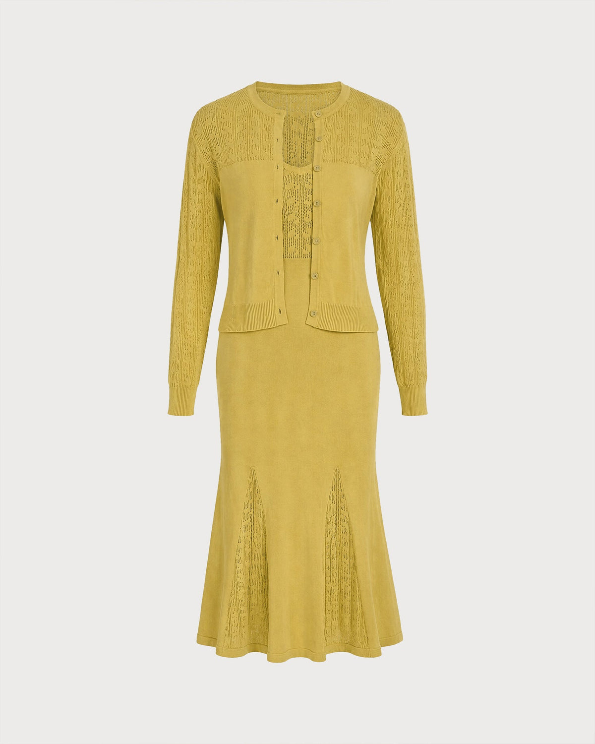Textured Knit Dress with V Neck and Fluted Midi Hem - Yellow