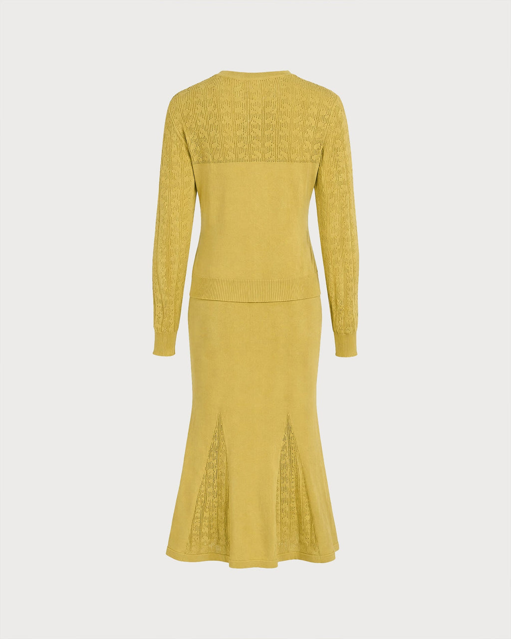 Textured Knit Dress with V Neck and Fluted Midi Hem - Yellow