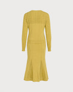 Textured Knit Dress with V Neck and Fluted Midi Hem - Yellow