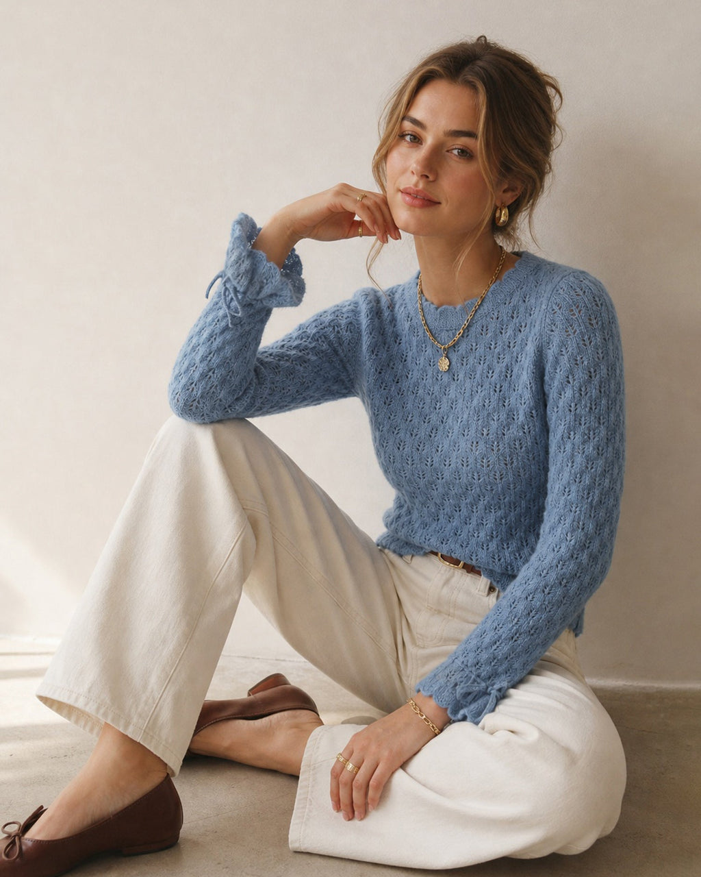 Textured Knit Jumper with Round Neck and Frilled Cuffs - Blue