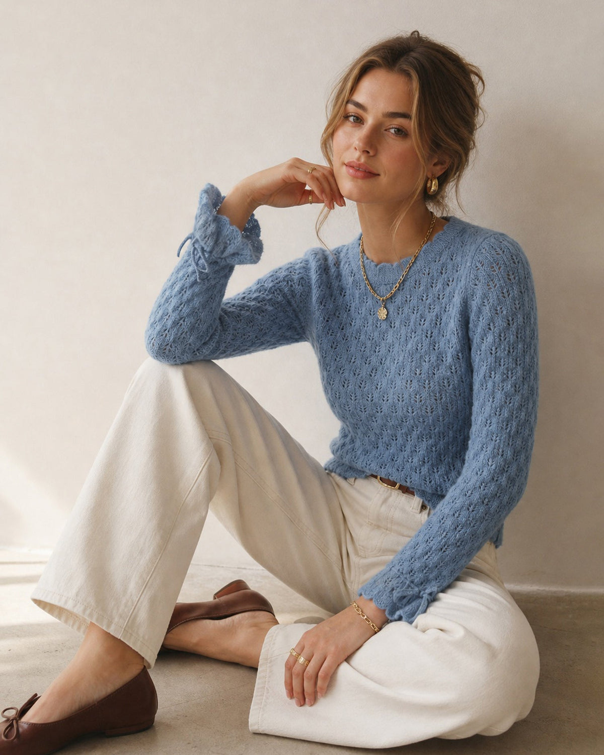 Textured Knit Jumper with Round Neck and Frilled Cuffs - Blue