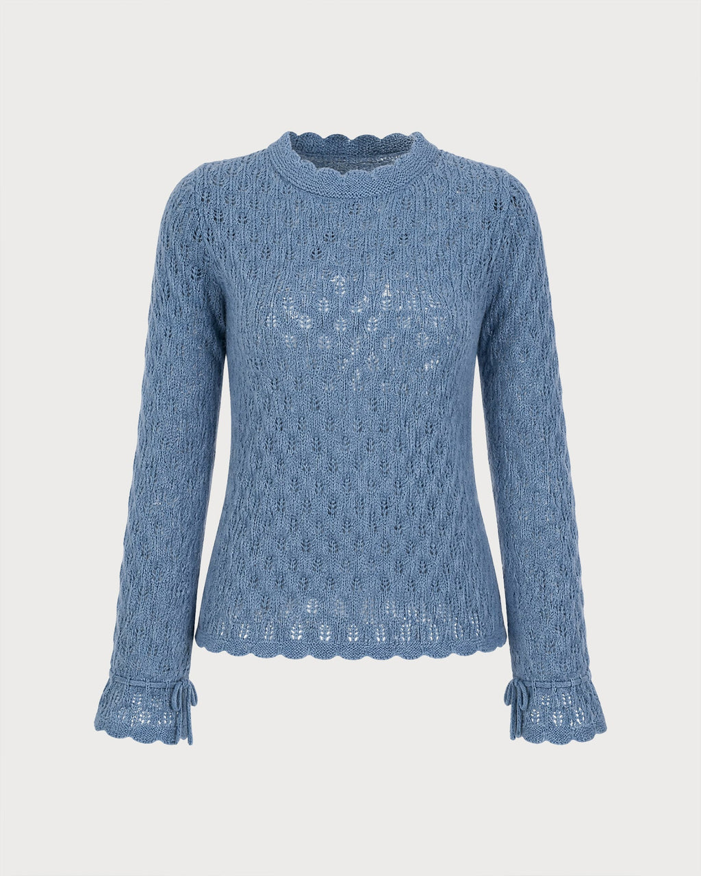 Textured Knit Jumper with Round Neck and Frilled Cuffs - Blue