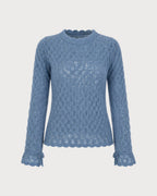 Textured Knit Jumper with Round Neck and Frilled Cuffs - Blue