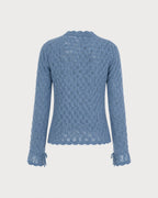 Textured Knit Jumper with Round Neck and Frilled Cuffs - Blue