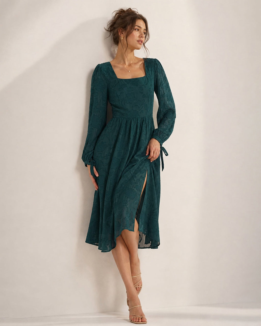 Textured Midi Dress with Square Neck and Tie Cuff Sleeves - Green