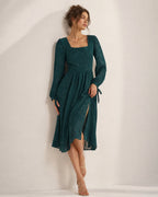 Textured Midi Dress with Square Neck and Tie Cuff Sleeves - Green