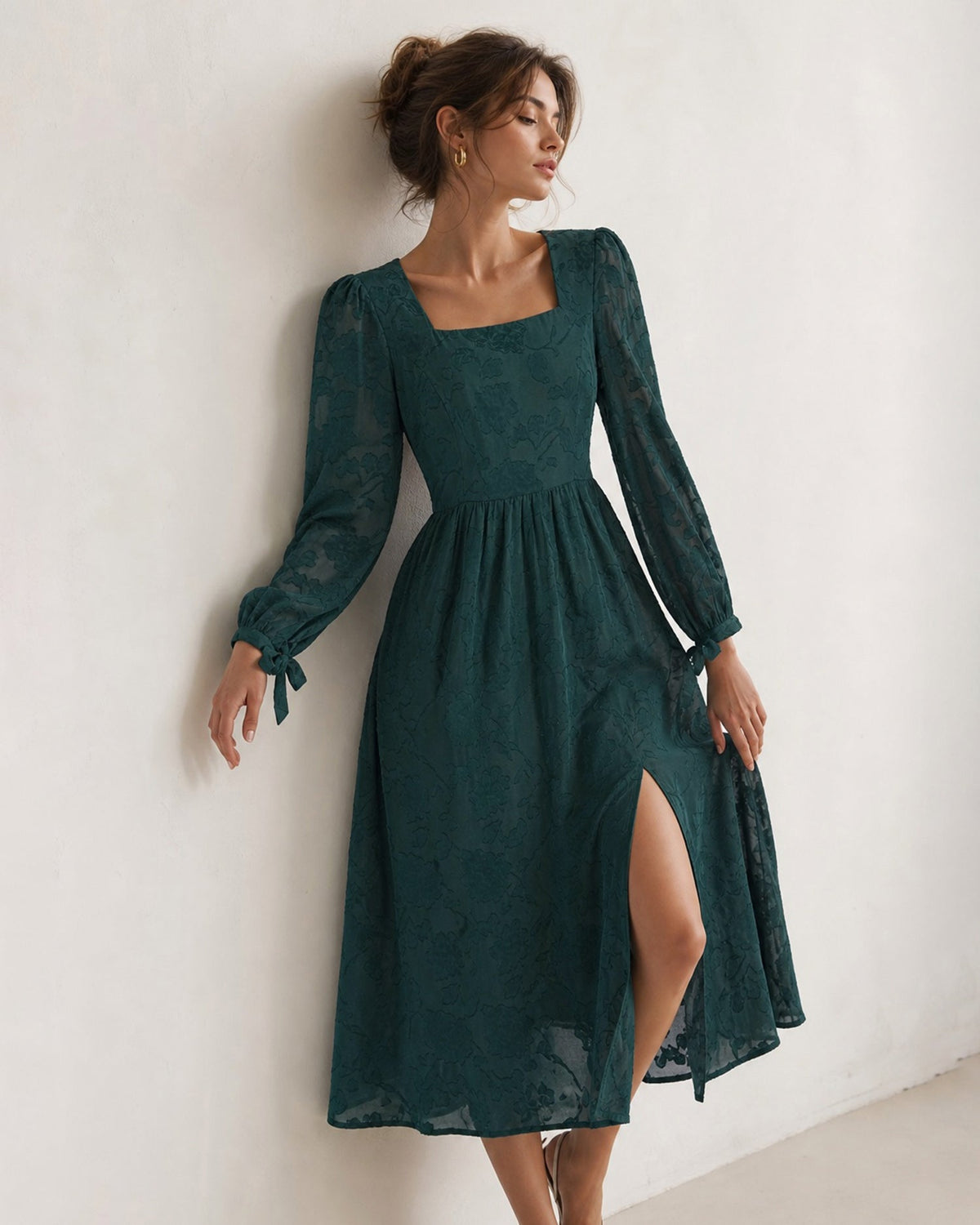 Textured Midi Dress with Square Neck and Tie Cuff Sleeves - Green