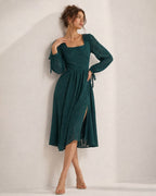 Textured Midi Dress with Square Neck and Tie Cuff Sleeves - Green