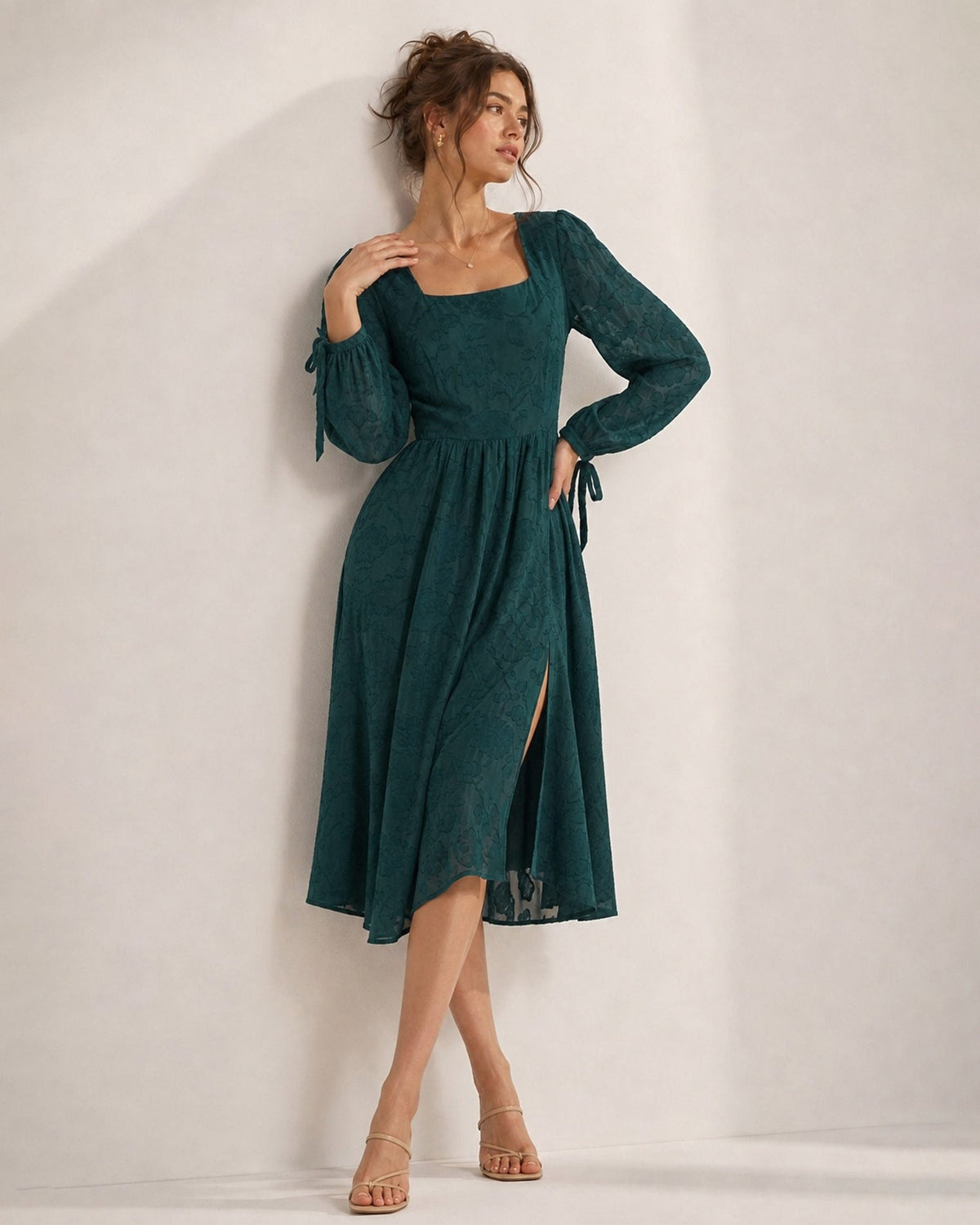 Textured Midi Dress with Square Neck and Tie Cuff Sleeves - Green