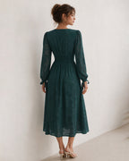 Textured Midi Dress with Square Neck and Tie Cuff Sleeves - Green