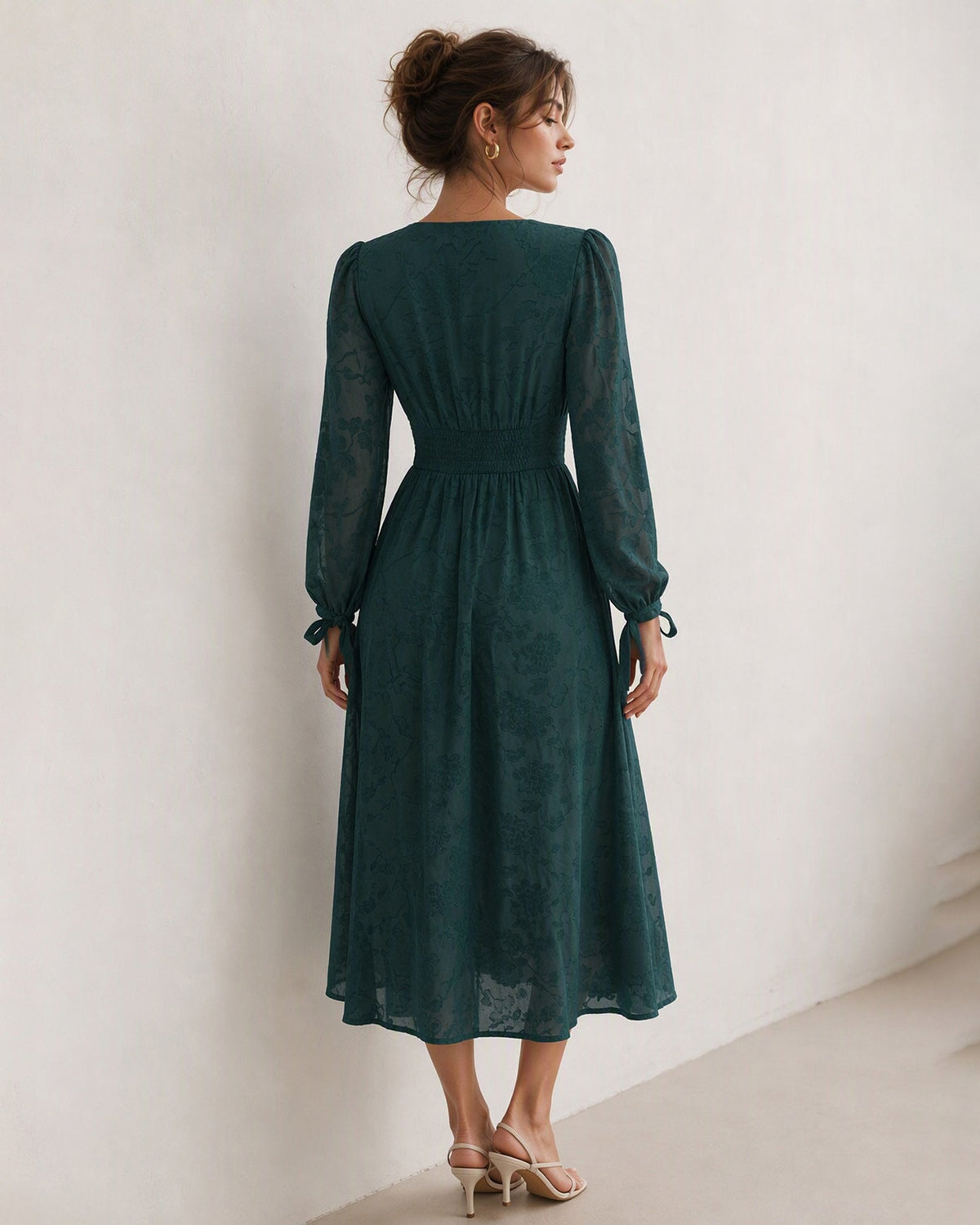 Textured Midi Dress with Square Neck and Tie Cuff Sleeves - Green