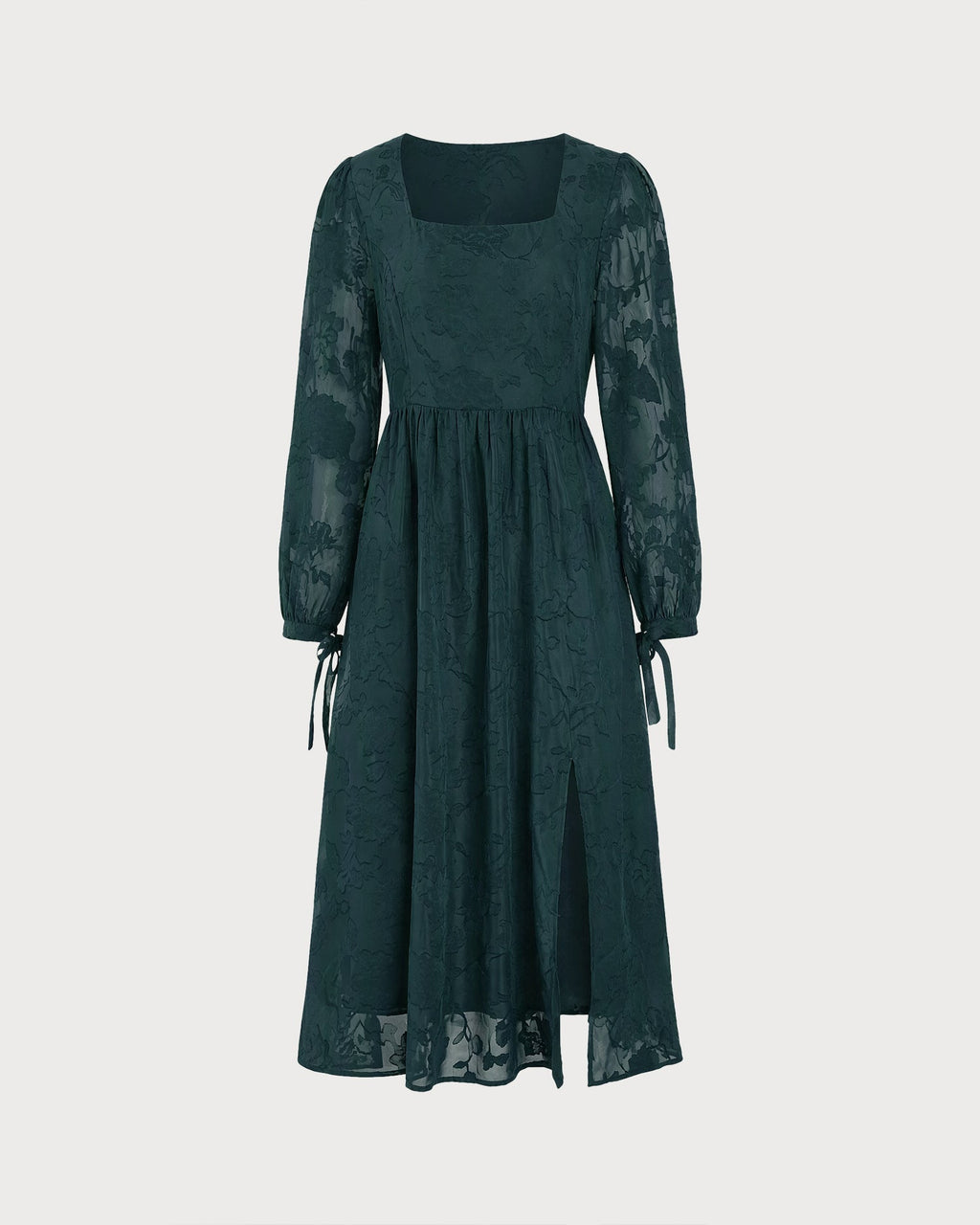 Textured Midi Dress with Square Neck and Tie Cuff Sleeves - Green