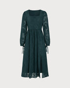 Textured Midi Dress with Square Neck and Tie Cuff Sleeves - Green
