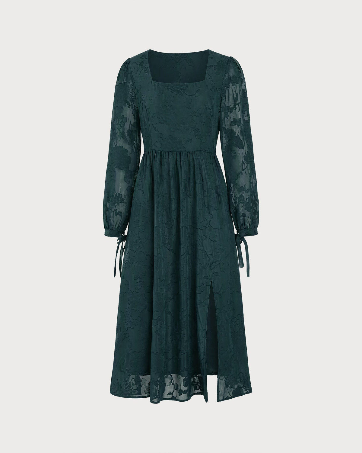 Textured Midi Dress with Square Neck and Tie Cuff Sleeves - Green