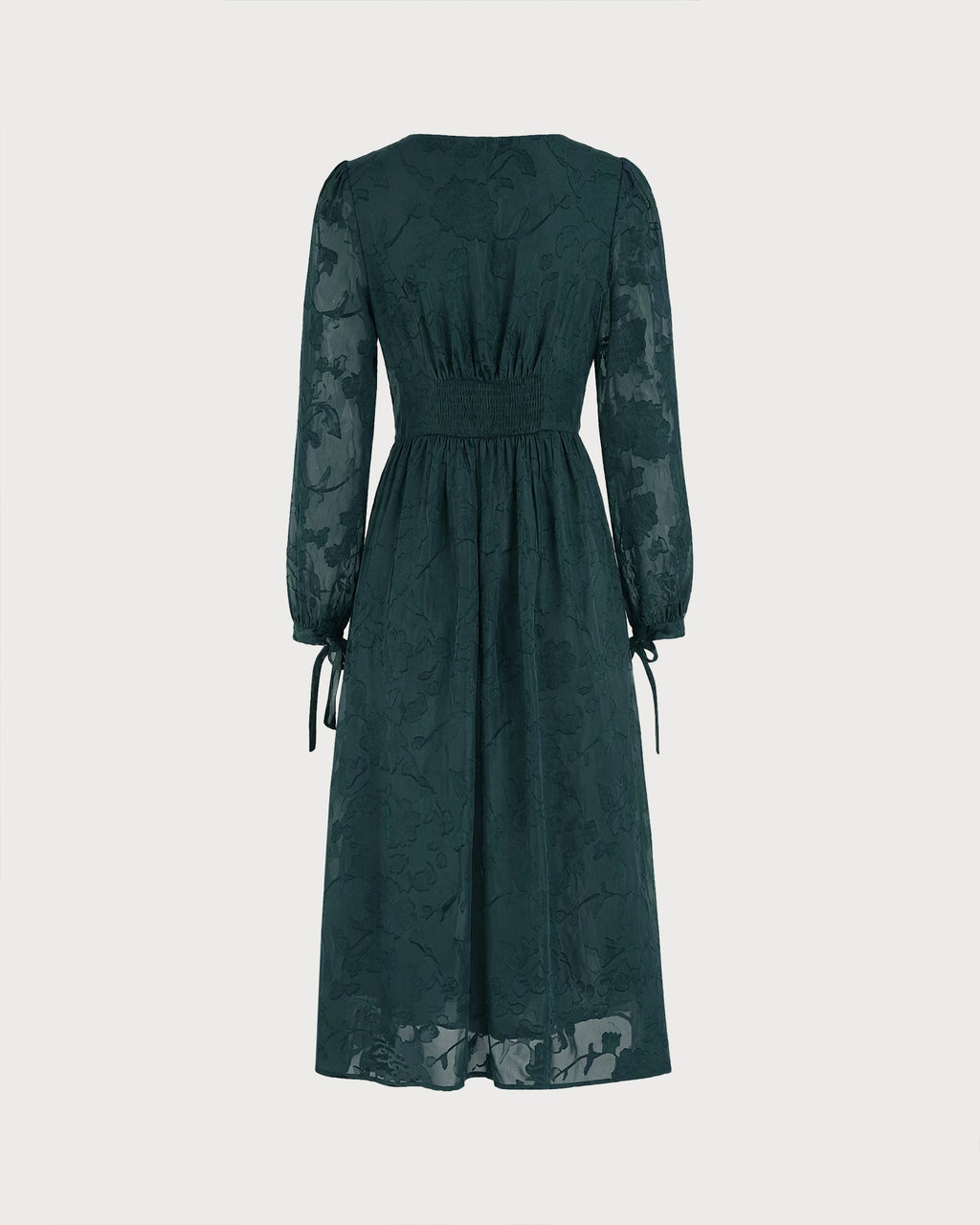 Textured Midi Dress with Square Neck and Tie Cuff Sleeves - Green