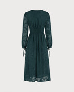 Textured Midi Dress with Square Neck and Tie Cuff Sleeves - Green