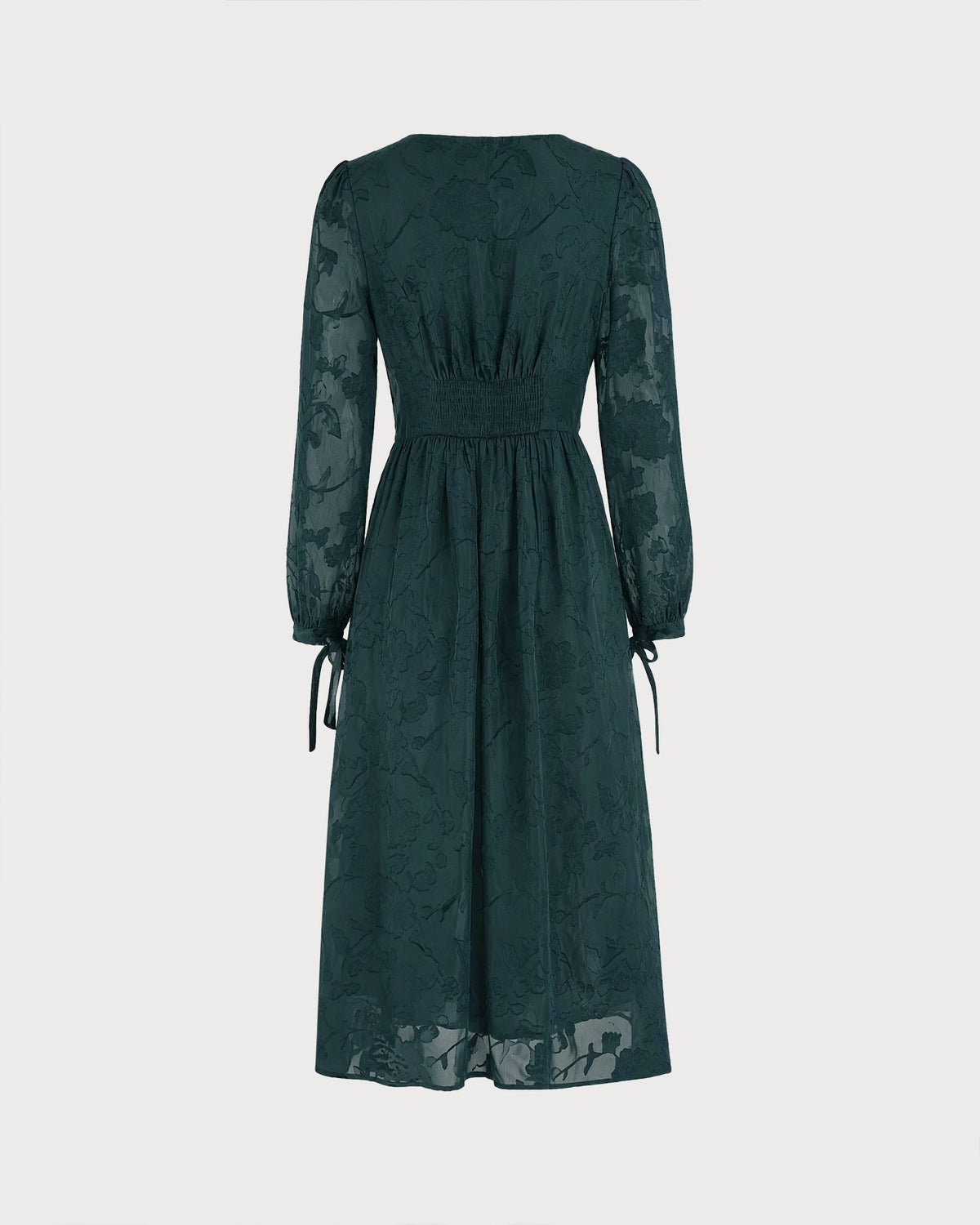 Textured Midi Dress with Square Neck and Tie Cuff Sleeves - Green