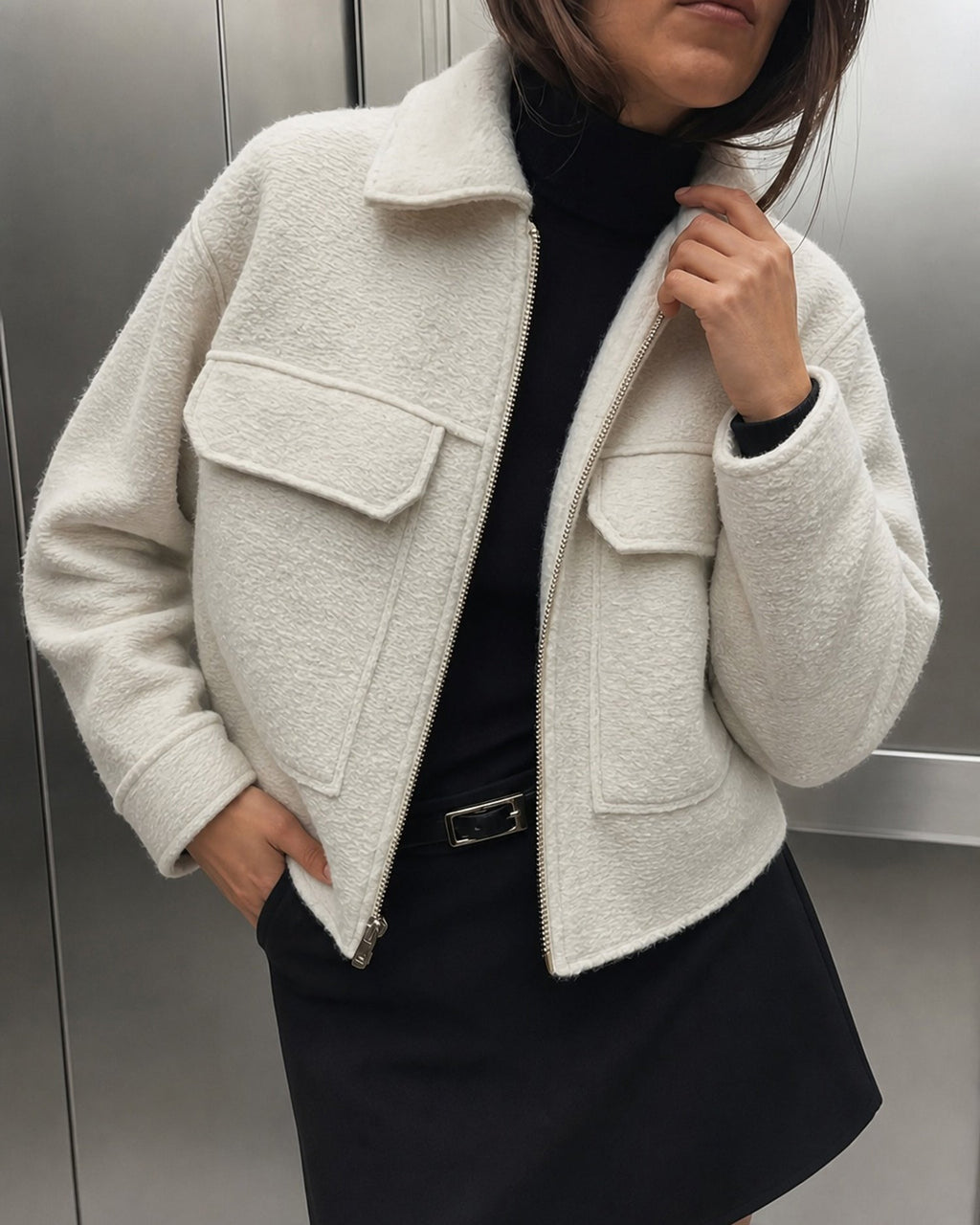 Textured Zip Jacket with Point Collar and Patch Pockets - Off White
