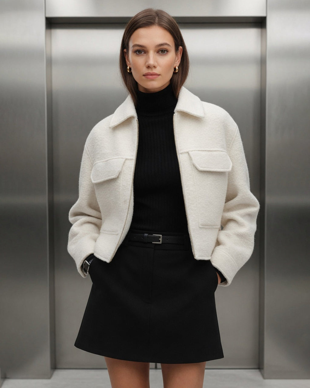Textured Zip Jacket with Point Collar and Patch Pockets - Off White