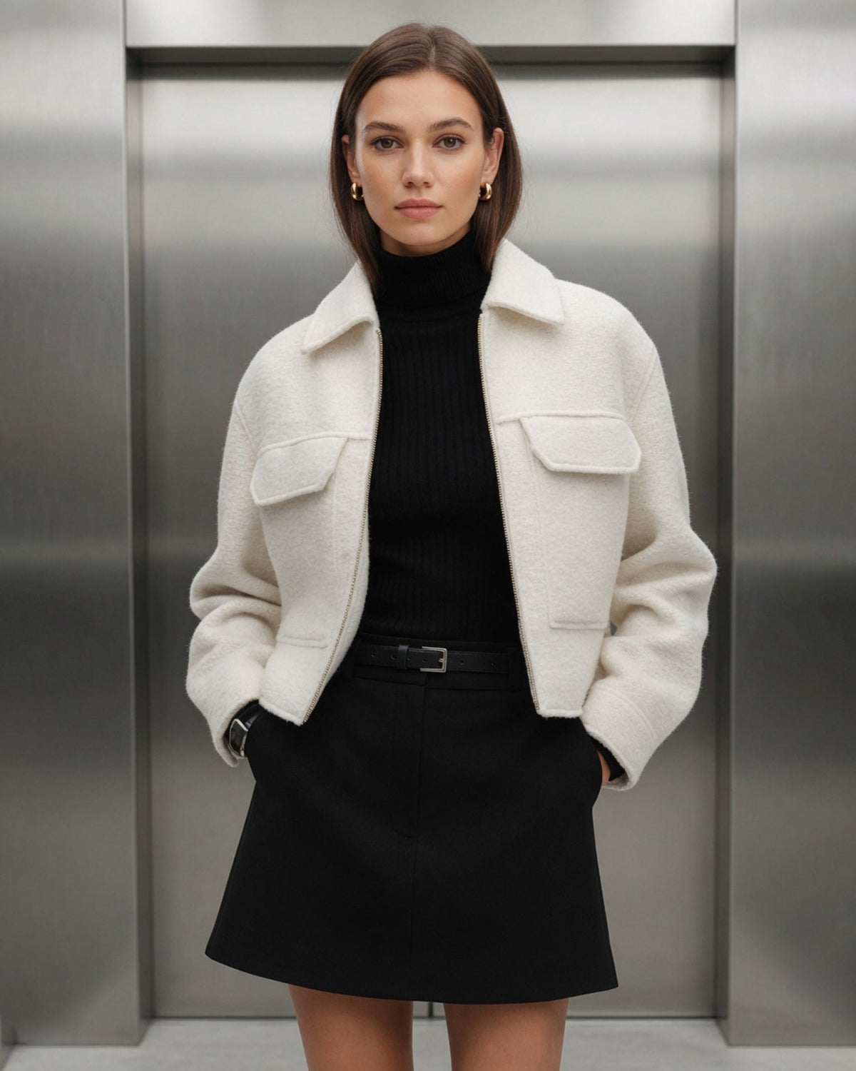 Textured Zip Jacket with Point Collar and Patch Pockets - Off White