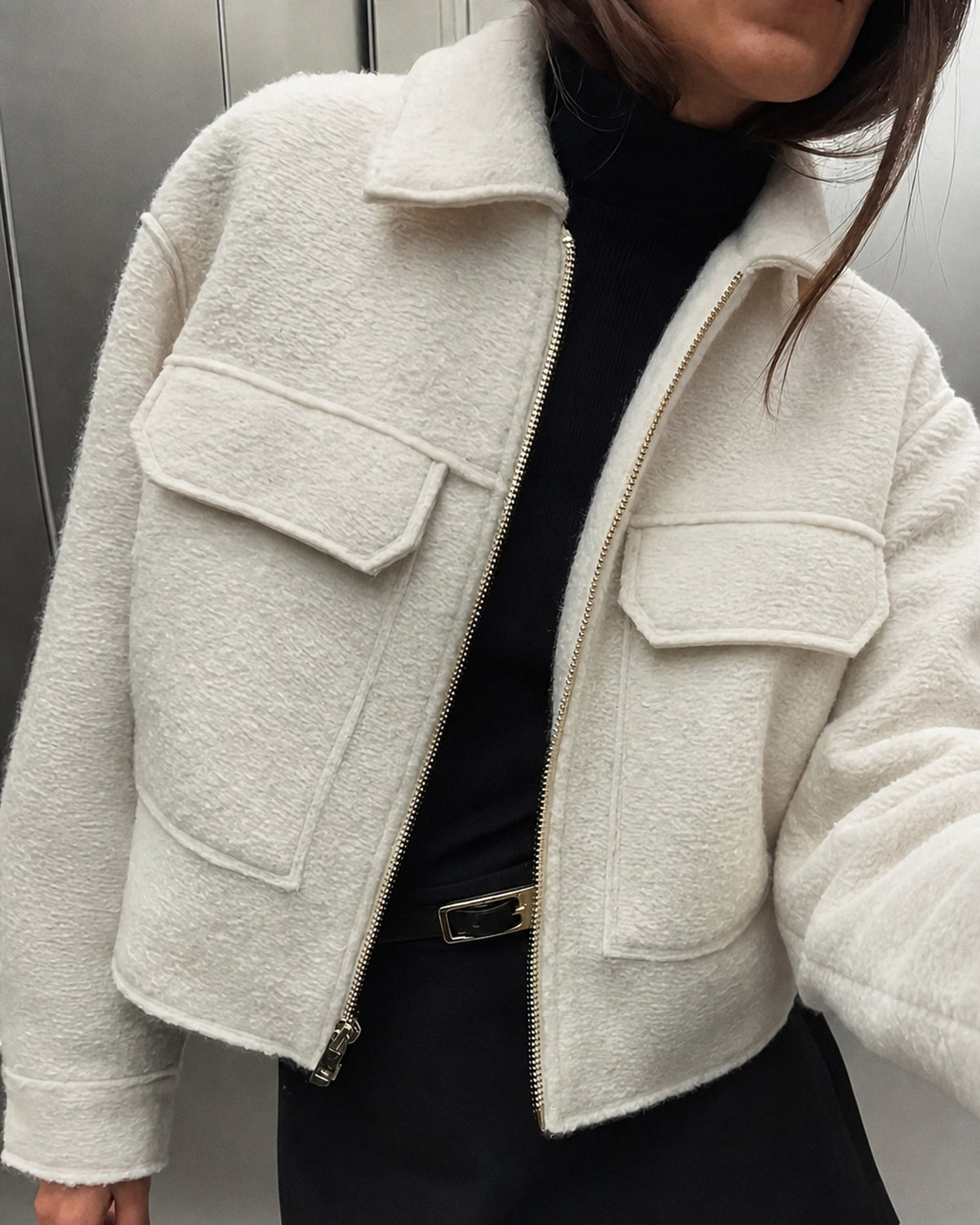 Textured Zip Jacket with Point Collar and Patch Pockets - Off White