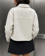 Textured Zip Jacket with Point Collar and Patch Pockets - Off White
