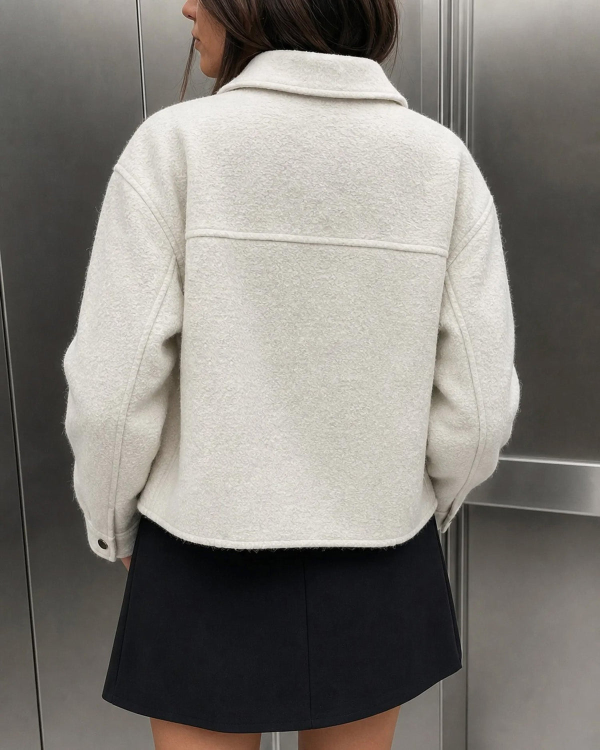 Textured Zip Jacket with Point Collar and Patch Pockets - Off White