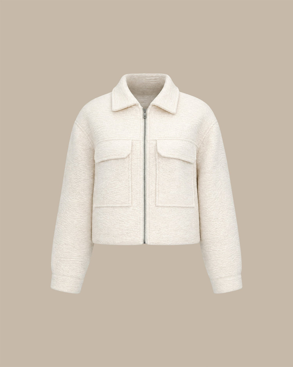 Textured Zip Jacket with Point Collar and Patch Pockets - Off White