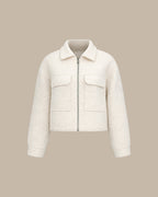 Textured Zip Jacket with Point Collar and Patch Pockets - Off White